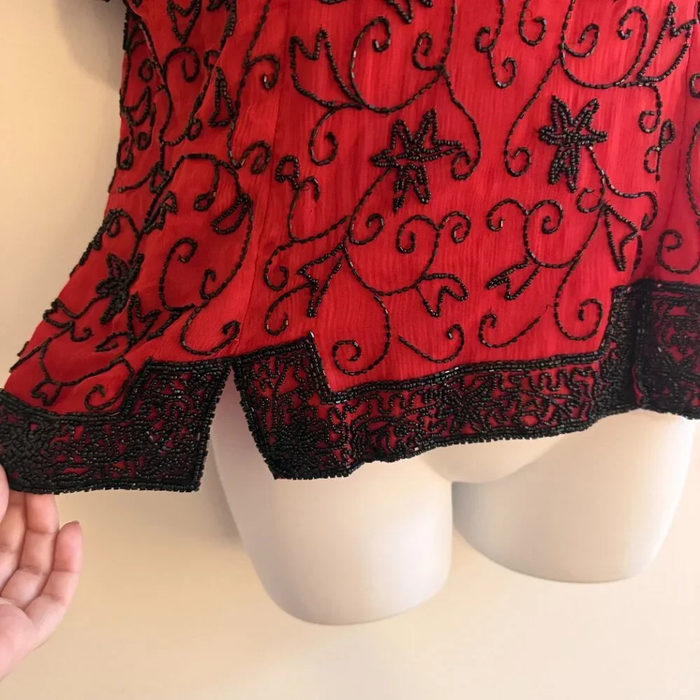 Vintage Stenay Red Silk Beaded Top | L | Holiday Party & Cocktail Blouse - Picture 7 of 13